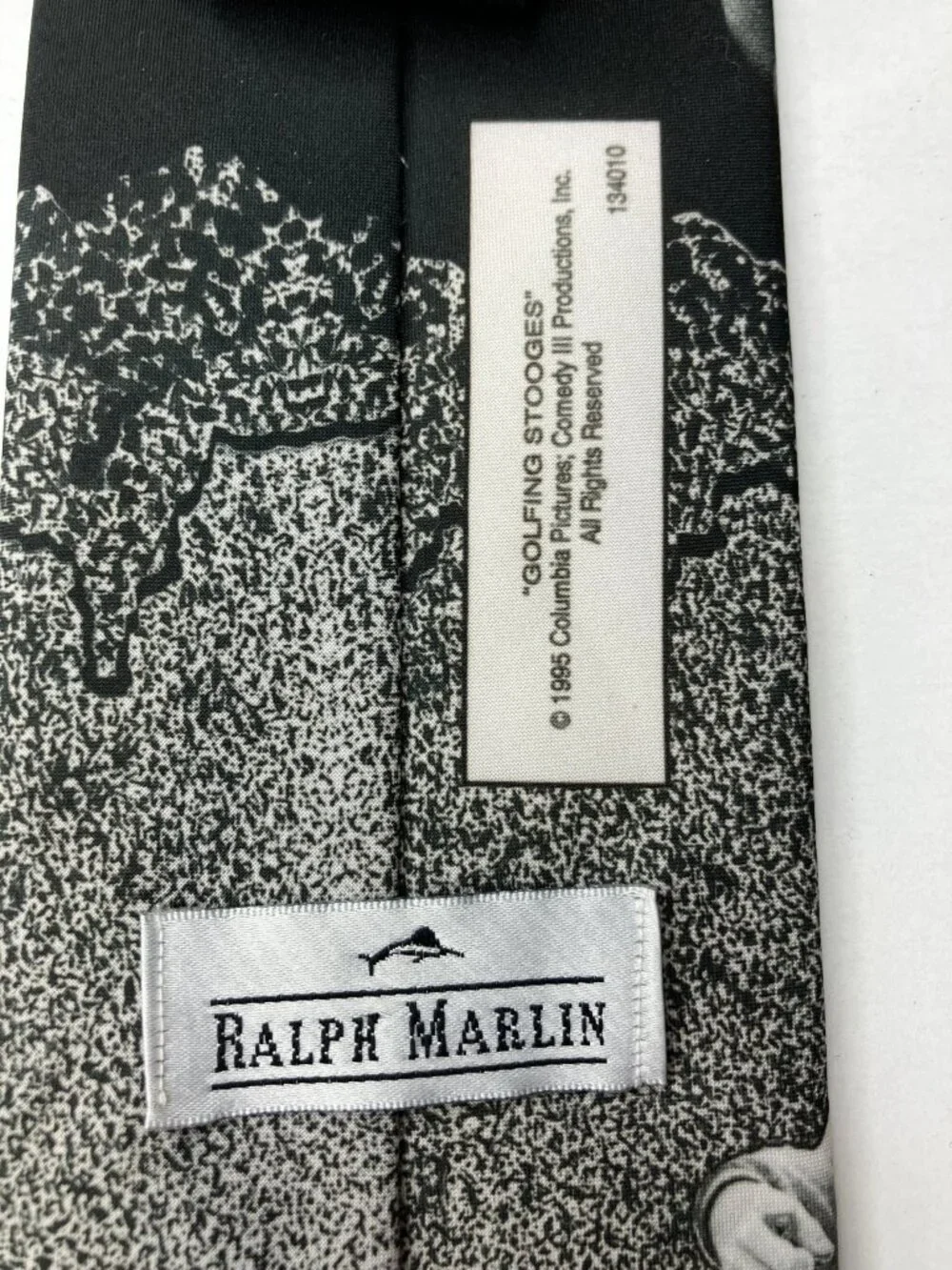 Vintage 90's RALPH MARLIN Men’s Tie Black White Three Stooges Golfing Novelty